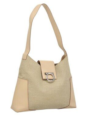 Salvatore Ferragamo Gancini Shoulder Bag Canvas Leather Beige Auth 120194